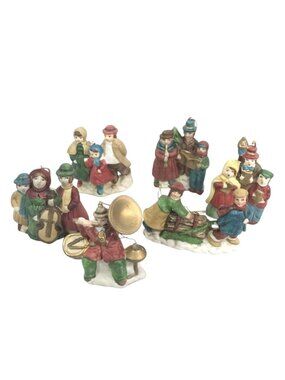VTG Bisque Christmas Ornament Set - 6 Minstrels Carolers Kids Tuba Drum Flute